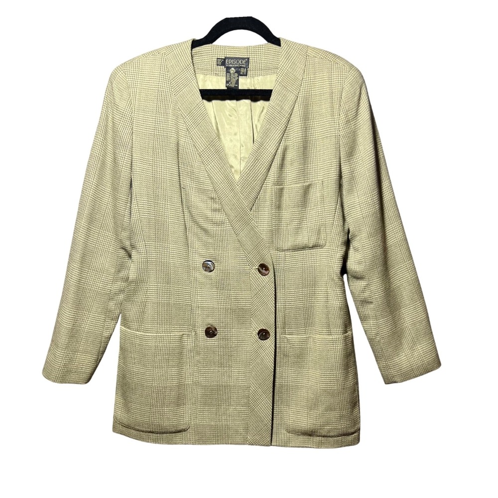 Vintage 90s Episode 100% Wool Glen‎ Plaid Double Breasted Blazer Size 10